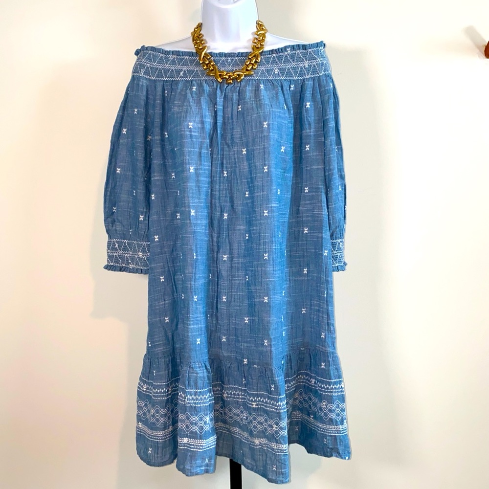 Denim & Linen Look 100% Cotton Off The Shoulder Ruffle Bottom Skirt Size M